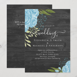 Carte Dusty Blue Roses Rustic Wood Mariage Budget