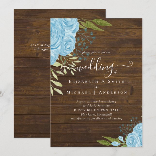 Carte Dusty Blue Roses Rustic Wood Mariage Budget (Devant / Derrière)
