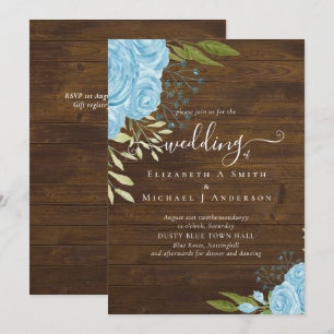 Carte Dusty Blue Roses Rustic Wood Mariage Budget
