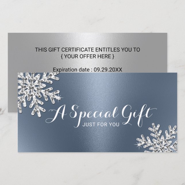 Carte Dusty Blue Snowflake Beauté Salon Certificat cadea (Devant / Derrière)