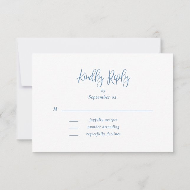 Carte Dusty Blue White Script Fleur sauvage mariage RSVP (Devant)