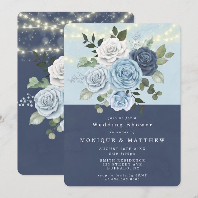 Carte Dusty Navy Blue Peony Lights Wedding shower Invita (Devant / Derrière)