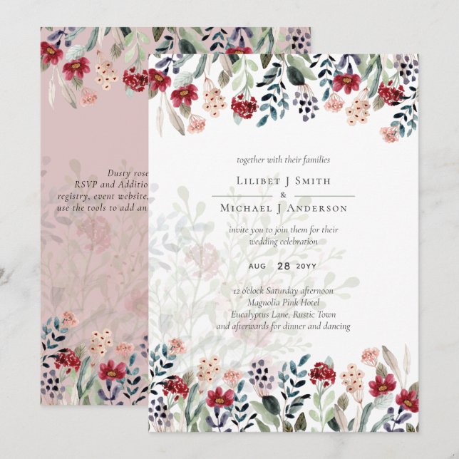 Carte Dusty Rose Bourgogne Floral Mariage (Devant / Derrière)