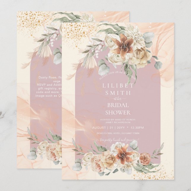Carte Dusty Rose Floral Pampas Grass Boho FÊTE DES MARIÉ (Devant / Derrière)