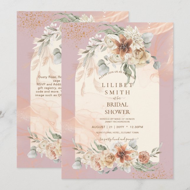 Carte Dusty Rose Floral Pampas Grass Boho FÊTE DES MARIÉ (Devant / Derrière)