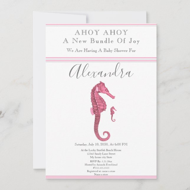 Carte Dusty Rose Seahorse Rose Girl Baby shower floral (Devant)