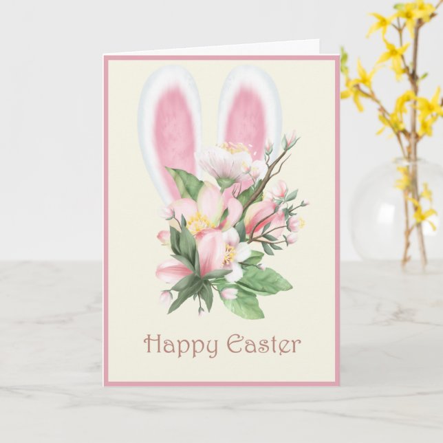 Carte Ears Bunny de Pâques et Aquarelle rose Fleur (Fleur jaune)