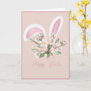 Carte Ears Bunny de Pâques et Aquarelle rose Fleur