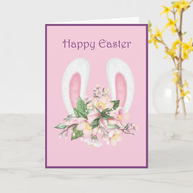 Carte Ears Bunny de Pâques et Aquarelle rose Fleur (Fleur jaune)