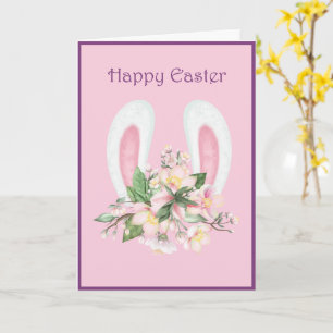 Carte Ears Bunny de Pâques et Aquarelle rose Fleur
