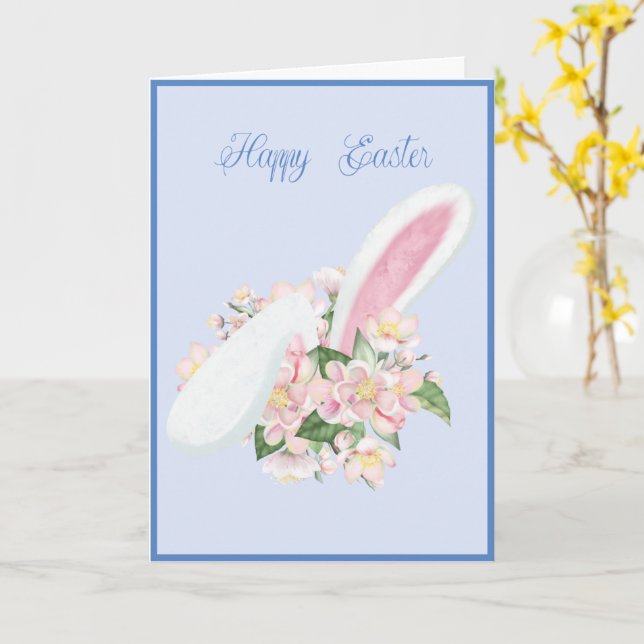 Carte Ears Bunny de Pâques et Aquarelle rose Fleur (Fleur jaune)