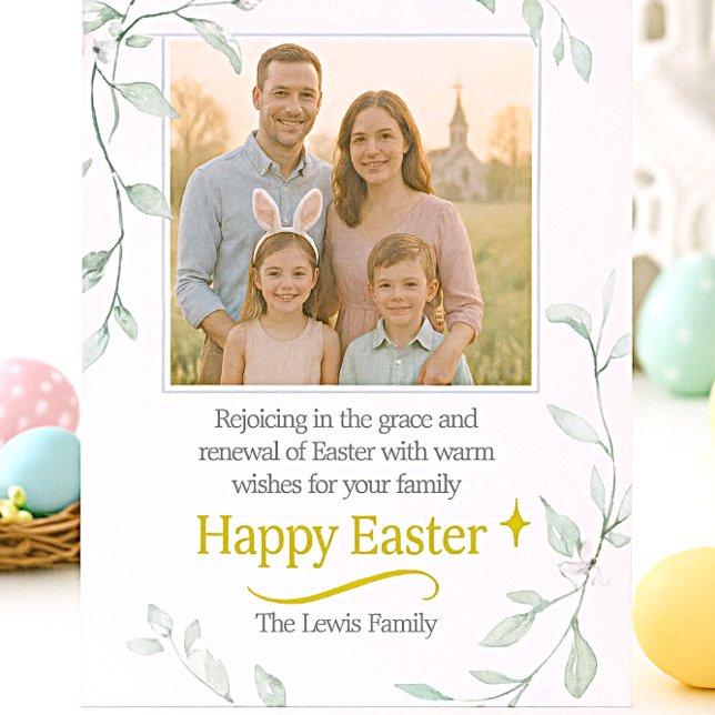 Carte Easter Family Photo with Greenery  (Easter Family photo card with digital watercolor greenery and gold Happy Easter greeting )