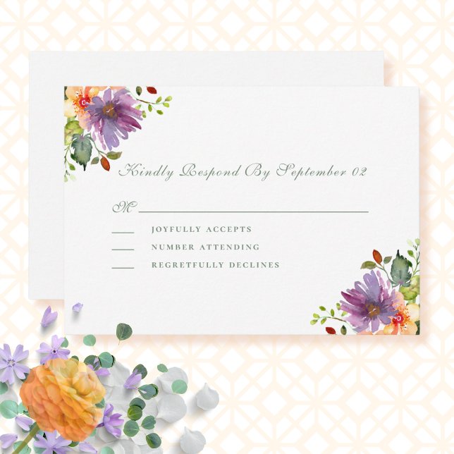 Carte Eau de couleur pourpre Dusty Mariage floral RSVP (Créateur téléchargé)