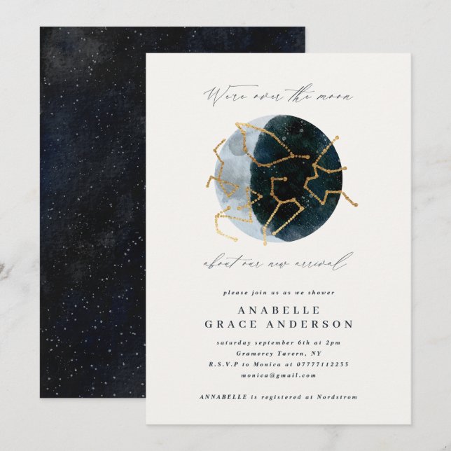Carte Écriture astrologique aquarelle lune étoile célest (Devant / Derrière)