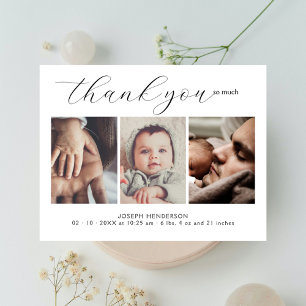 Carte Écriture Manuscrite Élégante 3 Photo Bébé Merci