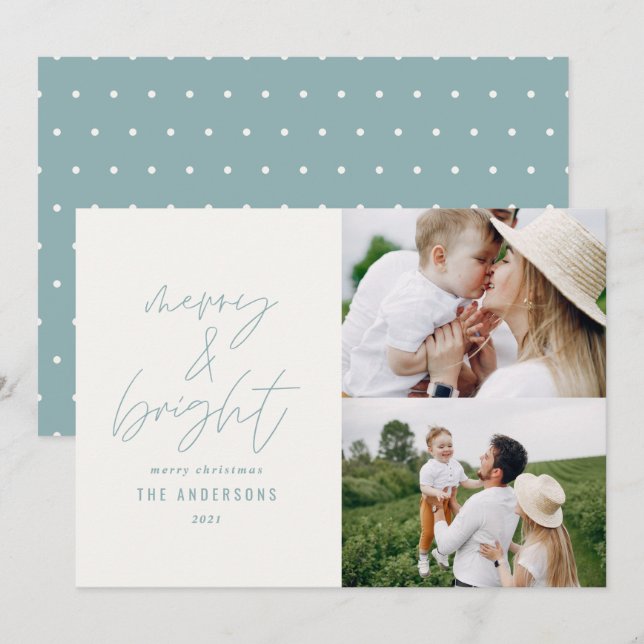 Carte Écriture moderne 2 photo bleu poussiéreux Noël (Devant / Derrière)