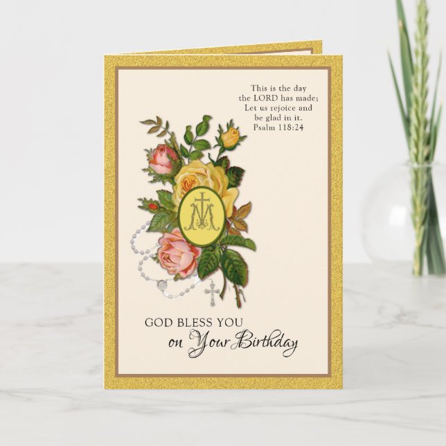 Carte Ecriture religieuse d'anniversaire Rosaire Floral (Devant)