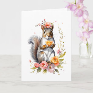 Carte Écureuil adorable avec Fleurs de ressort vierge