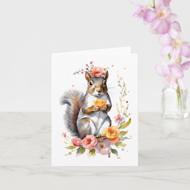 Carte Écureuil mignon aux fleurs Blank Greeting (Orchidée)