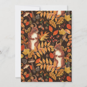 Carte Écureuils automnaux et flore sur brun foncé