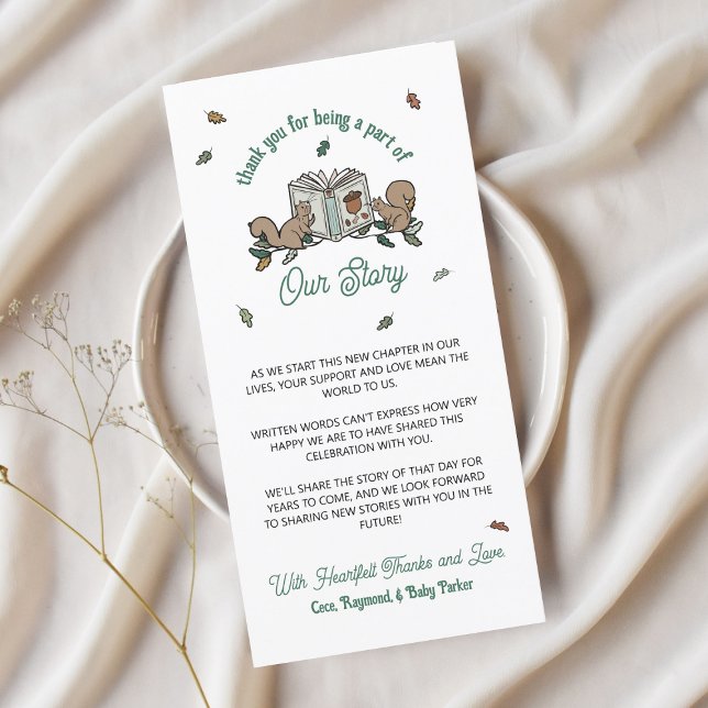 Carte Écureuils de bois Livre Baby shower Merci (Baby shower thank you cards with personalized message for woodland storybook theme.)