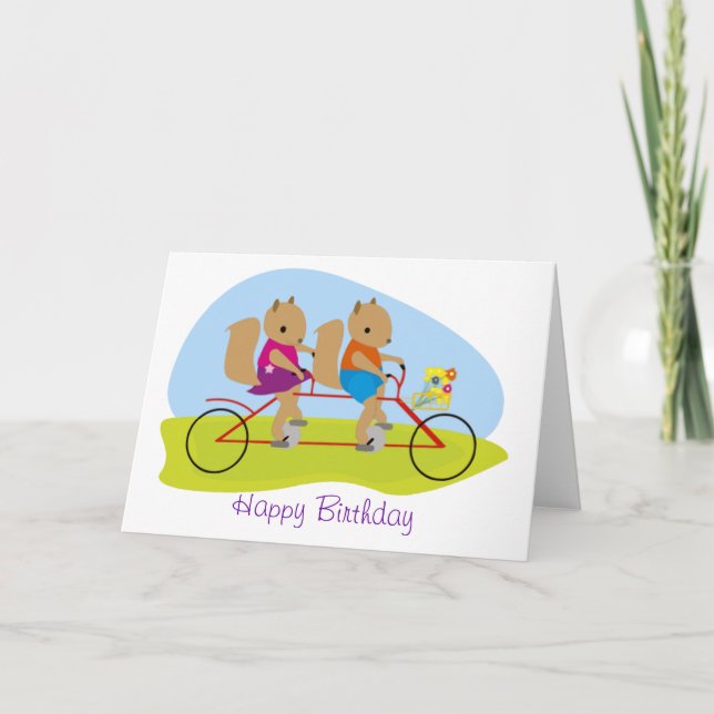 Carte Écureuils sur un anniversaire tandem de vélo (Devant)