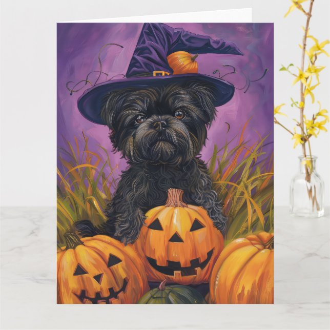 Carte Éffrayant Affenpinscher Halloween sorcière et Citr (Fleur jaune)