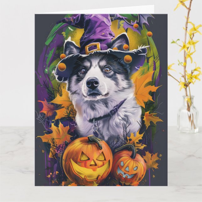 Carte Éffrayant Akita Halloween Witch et Citrouille (Fleur jaune)