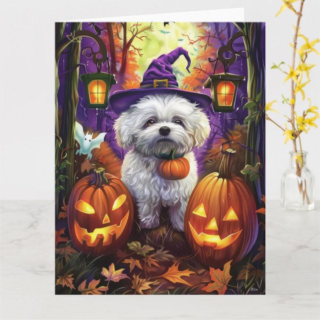 Carte Éffrayant Bichon Frise Halloween sorcière et Citro (Fleur jaune)