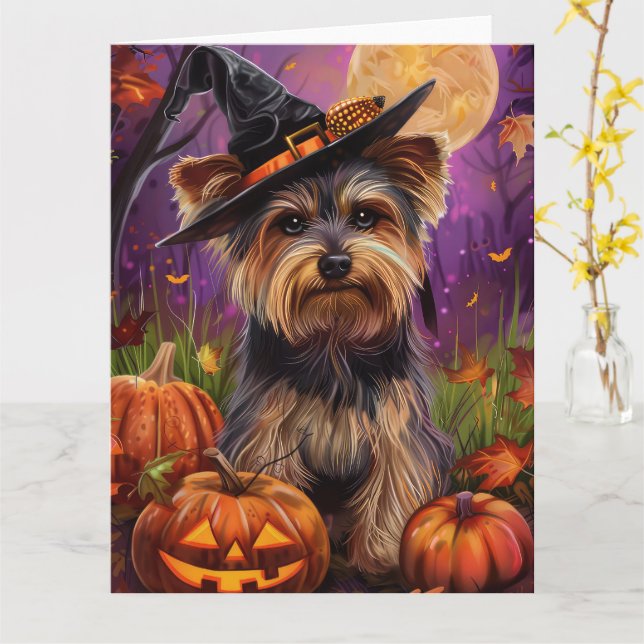 Carte Éffrayant Biewer Terrier Halloween Witch Et Citrou (Fleur jaune)