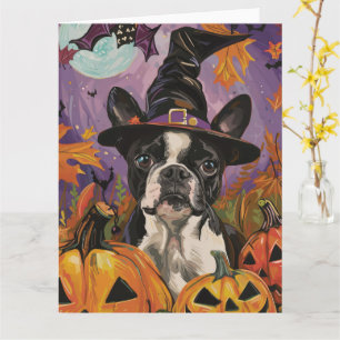 Carte Éffrayant Boston Terrier Halloween Witch Et Citrou