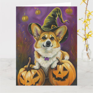 Carte Éffrayant Corgi Chien Halloween Citrouille sorcier