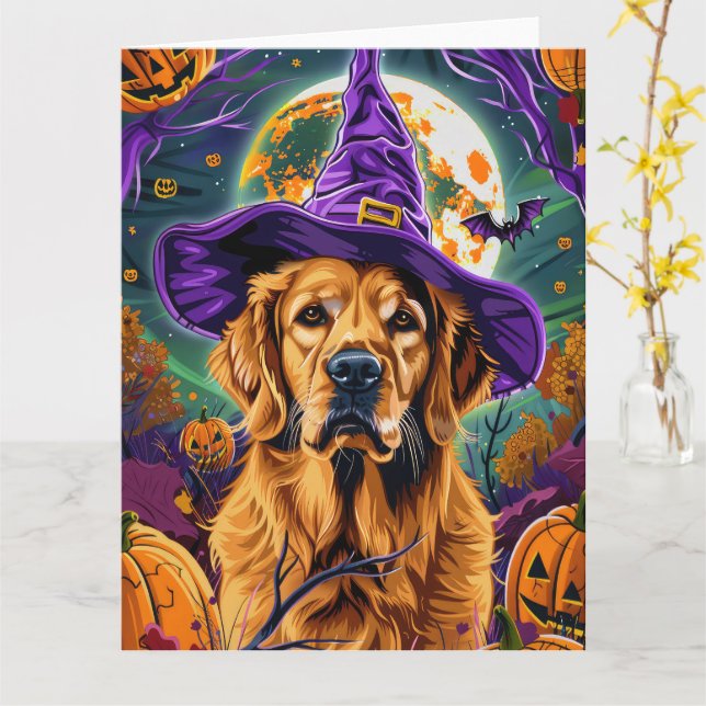 Carte Éffrayant Golden Retriever Halloween sorcier Citro (Fleur jaune)