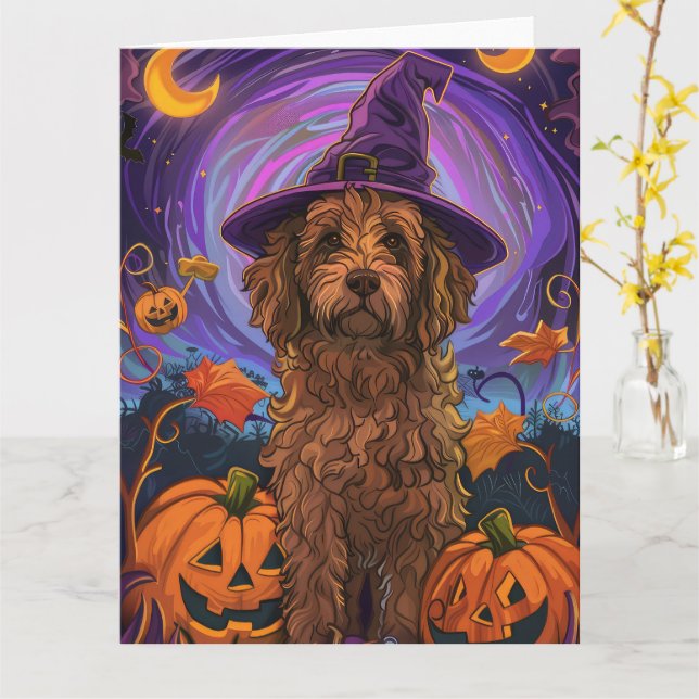 Carte Éffrayant Goldendoodle Chien Halloween Citrouille  (Fleur jaune)