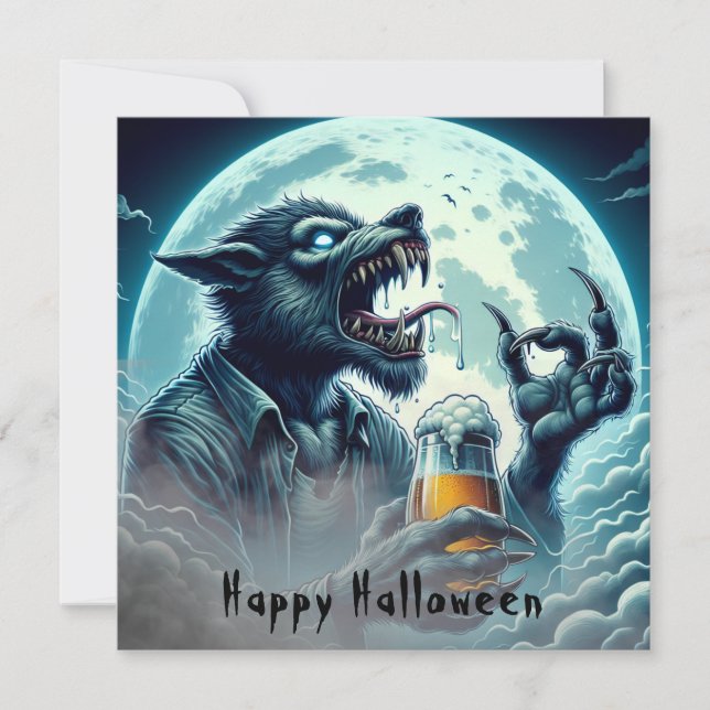 Carte Effrayant Halloween Werewolf Boire Une Bière (Devant)