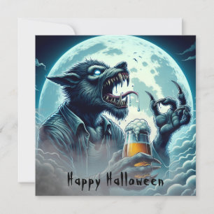 Carte Effrayant Halloween Werewolf Boire Une Bière