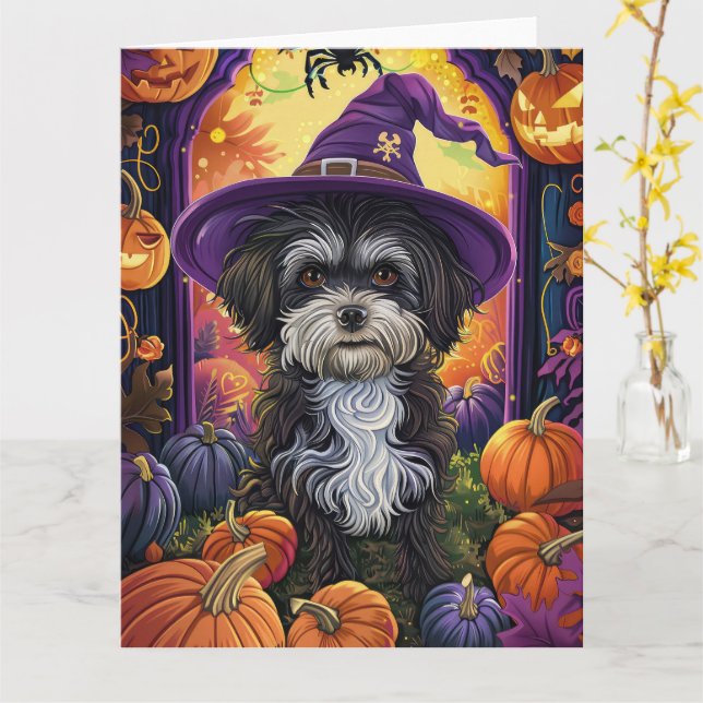 Carte Éffrayant Havanais Chien Halloween sorcière et Cit (Fleur jaune)