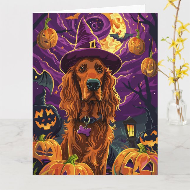 Carte Éffrayant Irish Red Setter Citrouille de sorcière  (Fleur jaune)