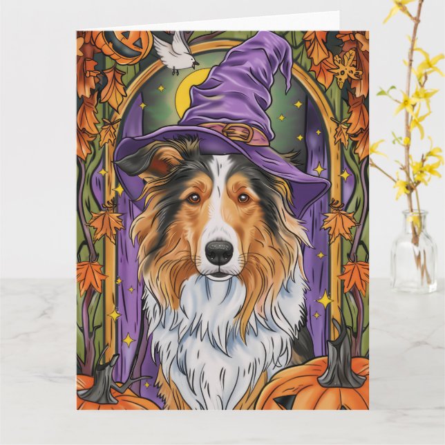 Carte Éffrayant Rough Collie Chien Halloween Citrouille  (Fleur jaune)