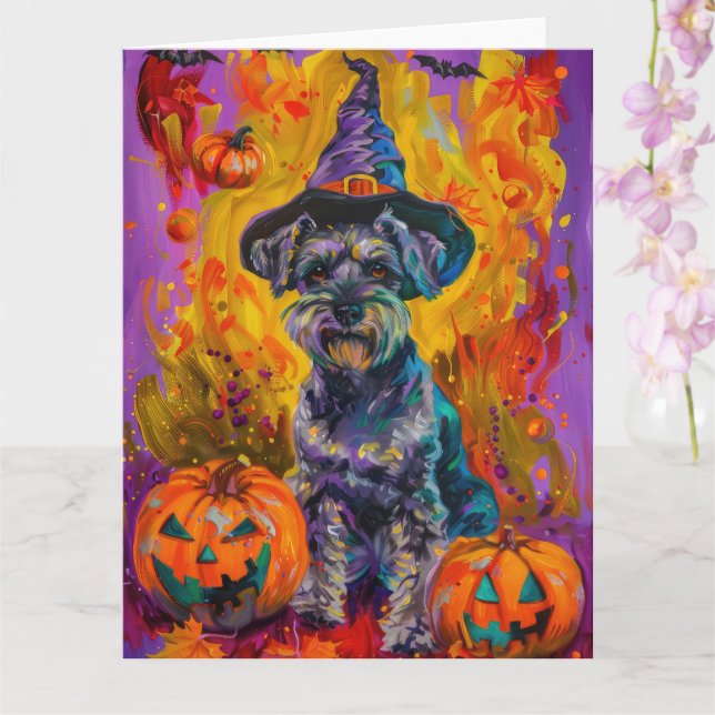 Carte Éffrayant Schnauzer Chien Halloween sorcière et Ci (Orchidée)
