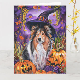 Carte Éffrayant Shetland Sheepdog Citrouille de sorcière