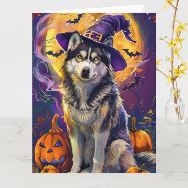 Carte Éffrayant Sibérie Husky Chien Halloween Citrouille (Fleur jaune)