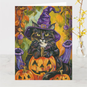 Carte Éffrayant Tuxedo Chat Halloween Sorcière Et Citrou