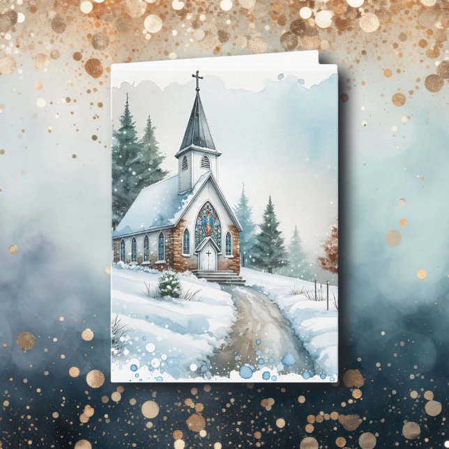 Carte Église le jour d'hiver | Noël aquarelle (Créateur téléchargé)