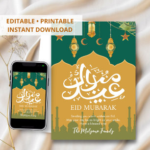 Carte Eid Mubarak à aquarelle florale vert émeraud