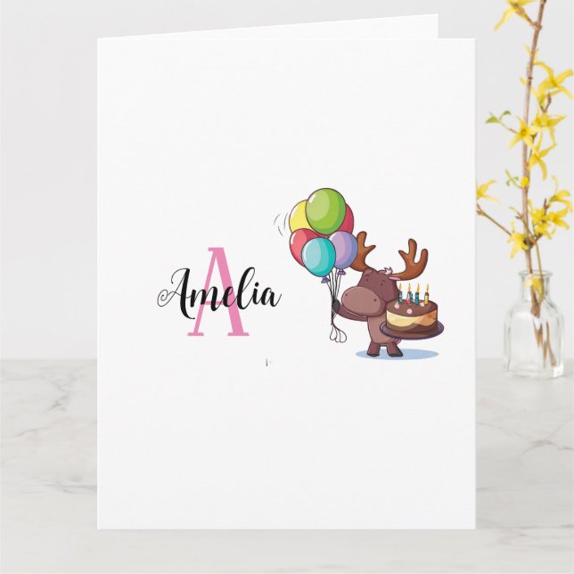Carte Élan avec ballon et gâteau Monogramme rose et nom (Fleur jaune)
