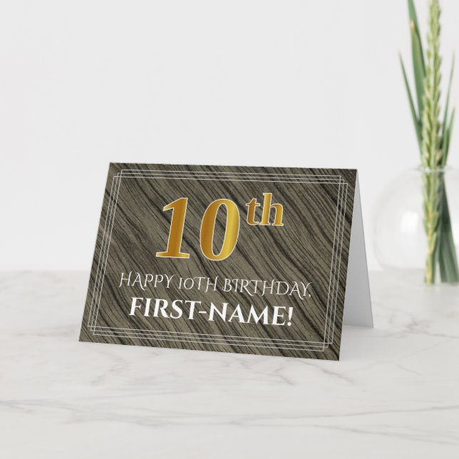 Carte Elégant 10e anniversaire : Faux Wood, Faux Gold Lo (Devant)