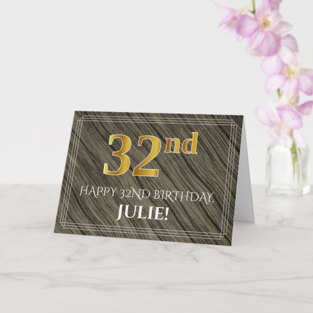Carte Elégant 32e anniversaire : Faux Wood, Faux Gold Lo (Orchidée)
