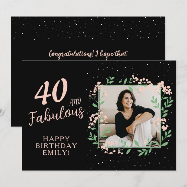 Carte Elégant 40 et Fabulous Flower 40th Birthday Photo (Devant / Derrière)