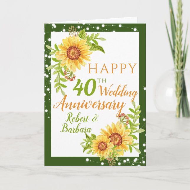 Carte Élégant 40e anniversaire Mariage floral tournesol (Devant)